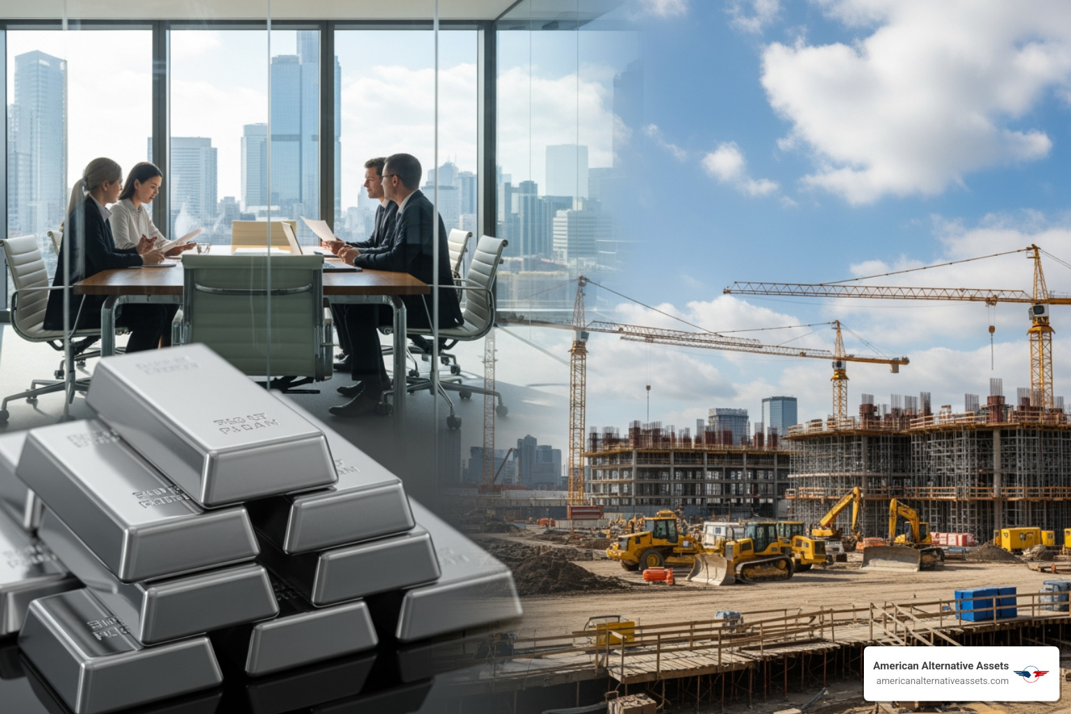 various alternative assets including a private company boardroom, a construction site for infrastructure, and a silver bar - alternative investments guide