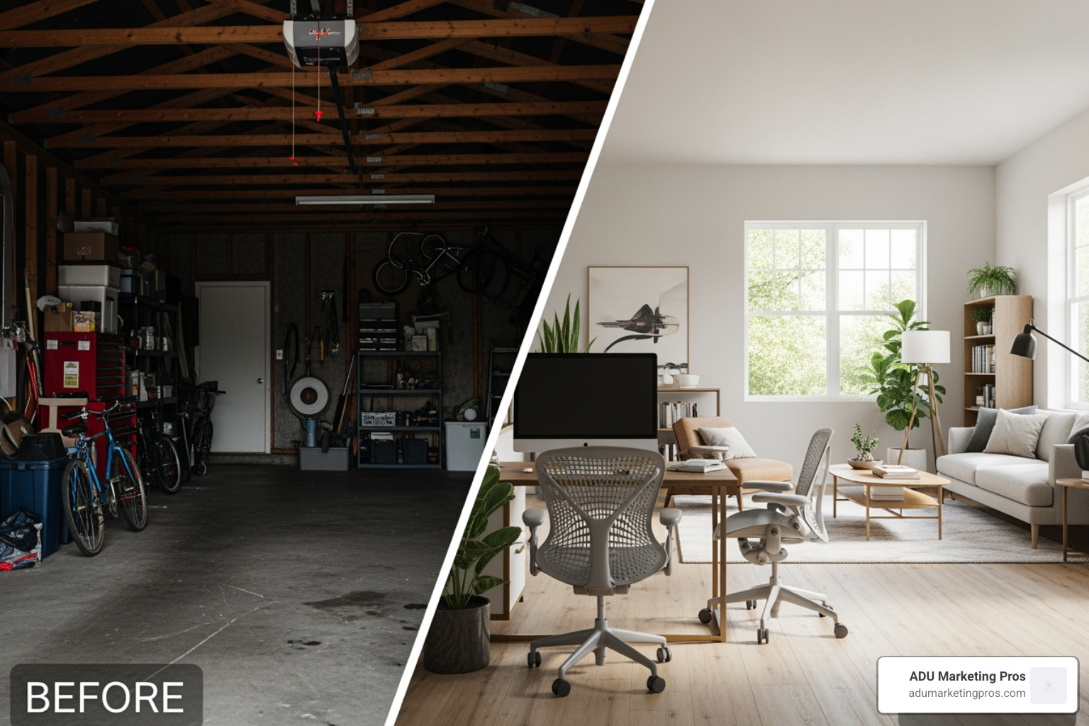 split-screen comparison: the left side shows a dark, cluttered two-car garage with tools and boxes, and the right side shows the same space converted into a bright, stylish home office and lounge area with modern furniture and plants - Garage conversion value