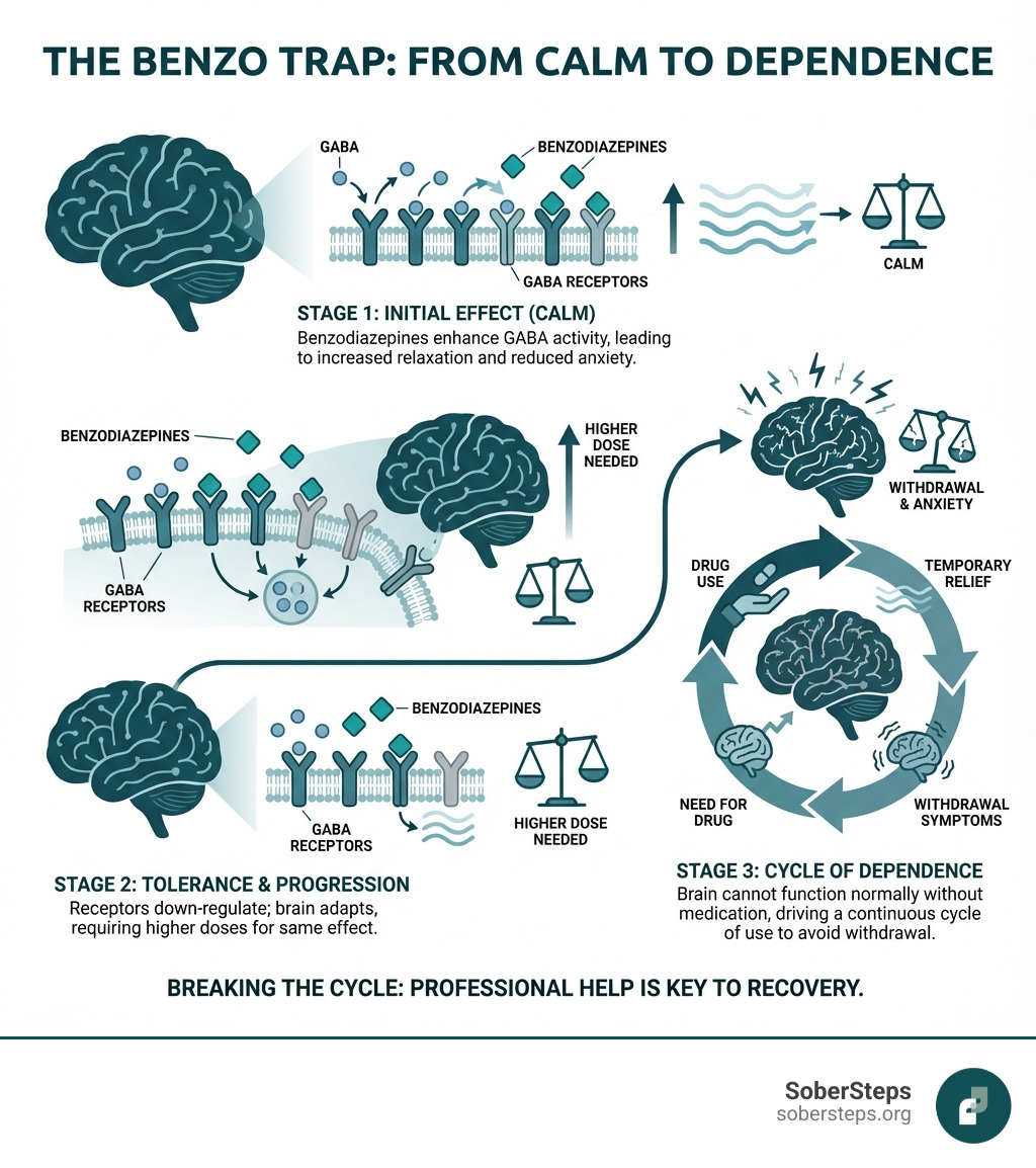 Infographic showing the brain's GABA receptors and how benzodiazepines enhance their activity, leading to initial calming effects, then showing the progression to tolerance as receptors down-regulate, requiring higher doses, and finally depicting the cycle of dependence where the brain cannot function normally without the medication - Benzodiazepines Addiction infographic Infographic showing the brain's GABA receptors and how benzodiazepines enhance their activity, leading to initial calming effects, then showing the progression to tolerance as receptors down-regulate, requiring higher doses, and finally depicting the cycle of dependence where the brain cannot function normally without the medication - Benzodiazepines Addiction infographic