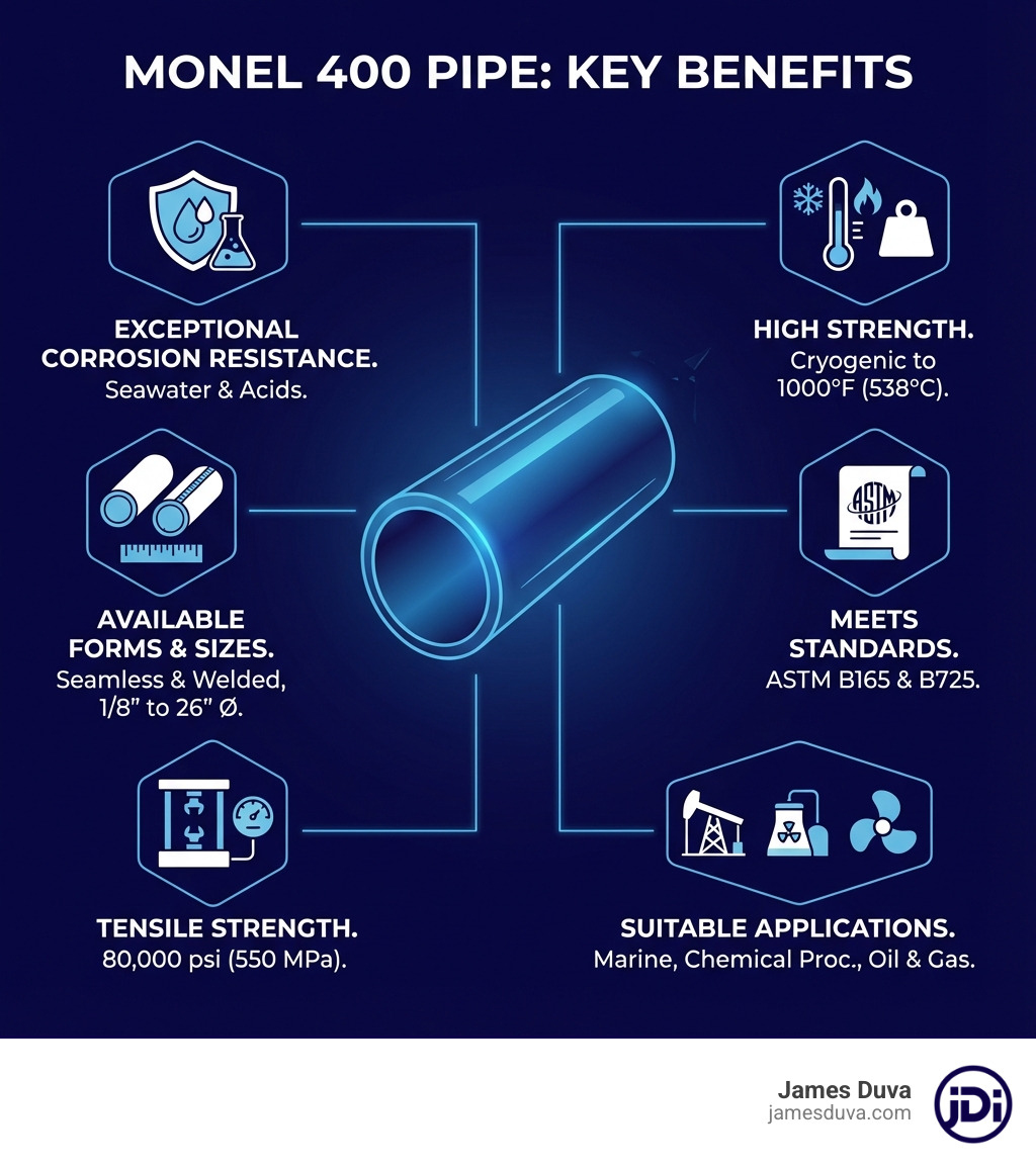 Infographic showing Monel 400 pipe key benefits: exceptional corrosion resistance in seawater and acids, high strength from cryogenic to 1000°F, available in seamless and welded forms from 1/8" to 26", meets ASTM B165 and B725 standards, tensile strength of 80,000 psi, suitable for marine, chemical processing, and oil and gas applications - monel 400 pipe infographic 