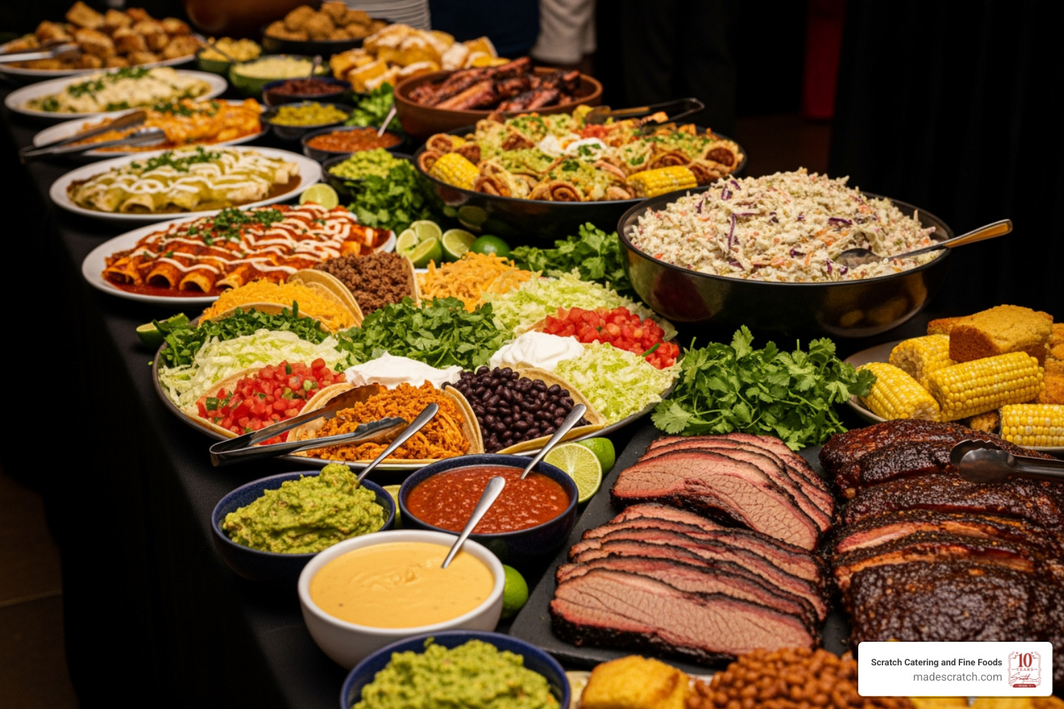 A diverse buffet with Tex-Mex and BBQ options - Dallas party catering A diverse buffet with Tex-Mex and BBQ options - Dallas party catering
