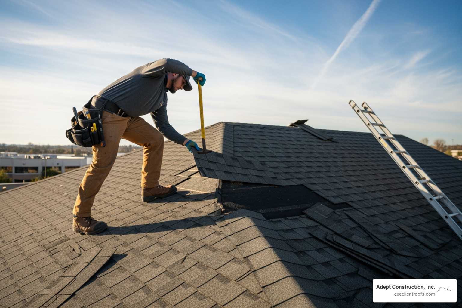Roofer replacing a shingle on a commercial building - commercial shingle repair Roofer replacing a shingle on a commercial building - commercial shingle repair