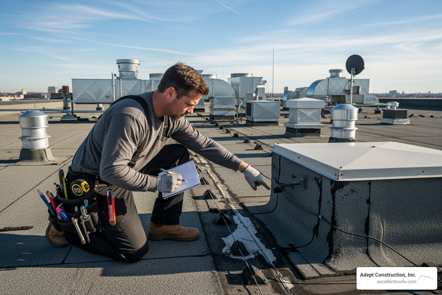 Roofer performing a bi-annual inspection on a commercial roof - commercial shingle repair Roofer performing a bi-annual inspection on a commercial roof - commercial shingle repair