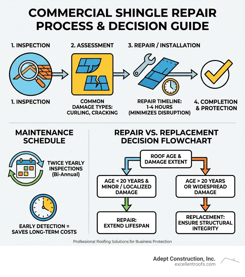 infographic showing commercial shingle repair process from inspection to installation, including common damage types like curling and cracking, repair timeline of 1-4 hours, maintenance schedule of twice yearly inspections, and decision flowchart for repair versus replacement based on roof age and damage extent - commercial shingle repair infographic infographic showing commercial shingle repair process from inspection to installation, including common damage types like curling and cracking, repair timeline of 1-4 hours, maintenance schedule of twice yearly inspections, and decision flowchart for repair versus replacement based on roof age and damage extent - commercial shingle repair infographic