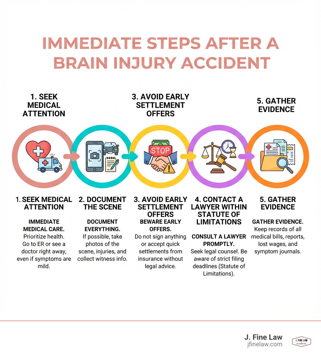 infographic explaining immediate steps after brain injury accident including seeking medical attention, documenting the scene, avoiding early settlement offers, contacting a lawyer within statute of limitations, and gathering evidence - Brain injury accident lawyer infographic infographic explaining immediate steps after brain injury accident including seeking medical attention, documenting the scene, avoiding early settlement offers, contacting a lawyer within statute of limitations, and gathering evidence - Brain injury accident lawyer infographic