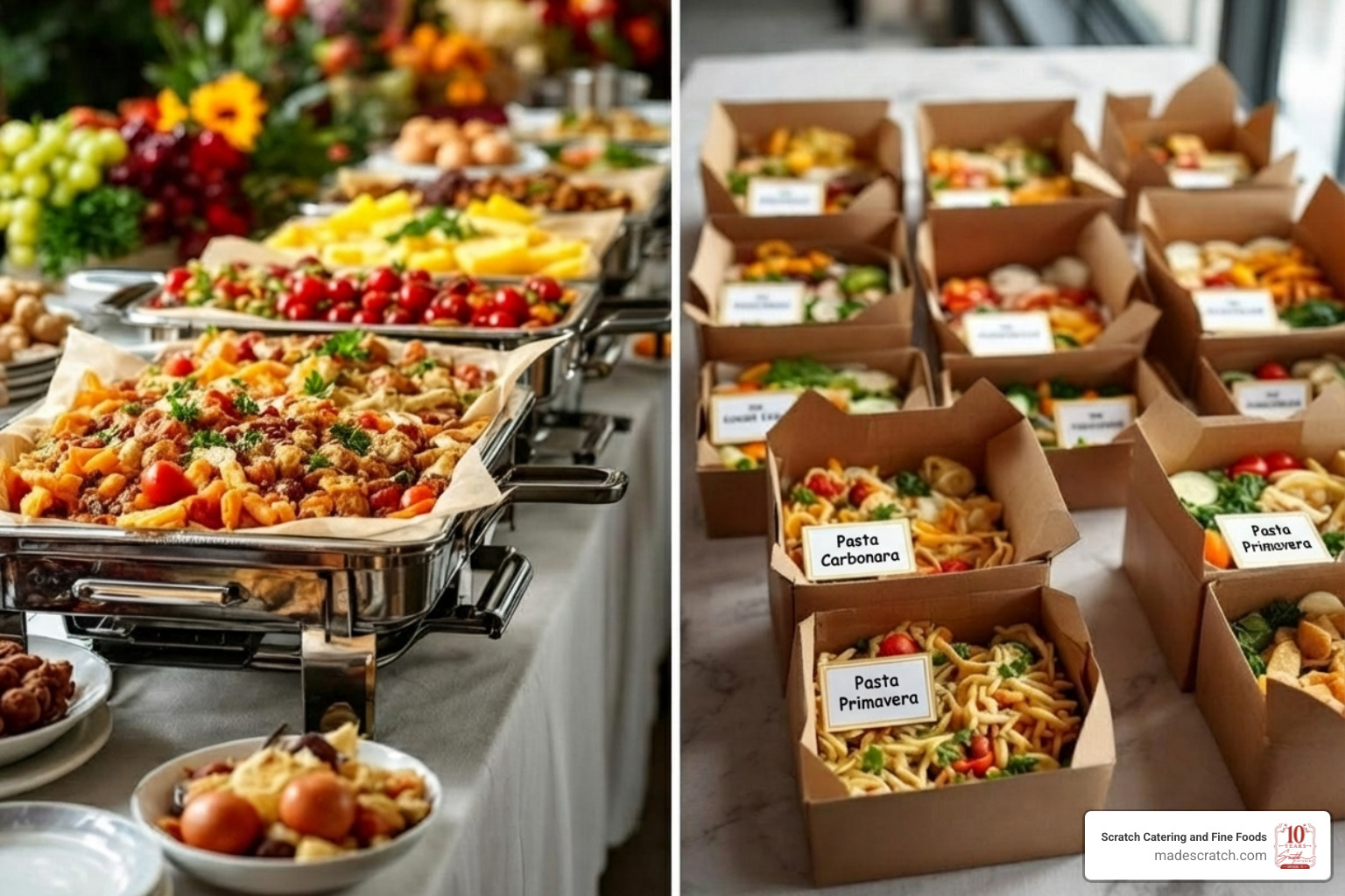 different catering styles (e.g., buffet setup vs. individual boxed meals) - Holiday meal catering