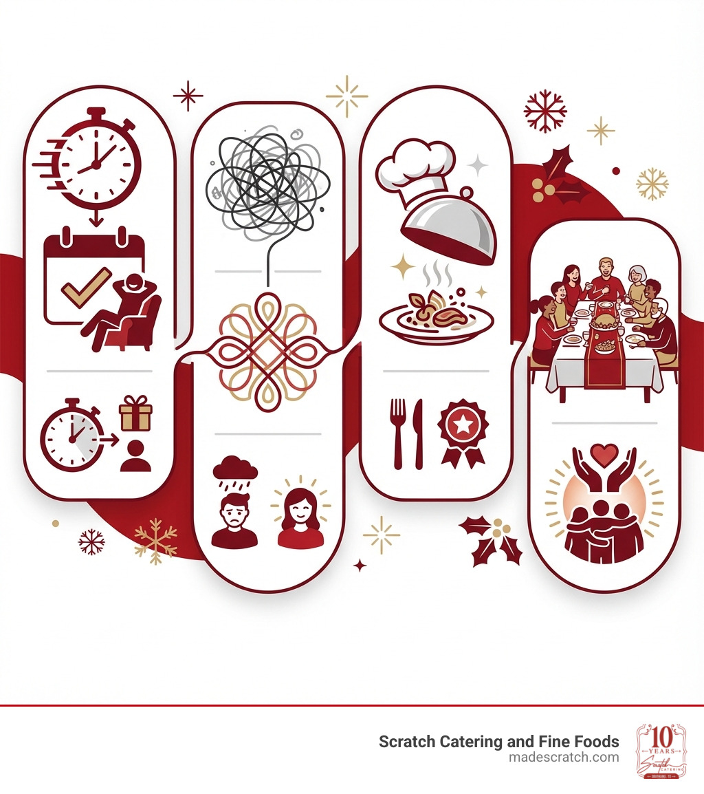 Benefits of holiday catering infographic showing four key advantages: Save Time by eliminating hours of cooking and prep work, Reduce Stress with professional meal preparation, Enjoy Gourmet Quality from experienced chefs, and Maximize Family Time by focusing on guests instead of the kitchen - Holiday meal catering infographic 