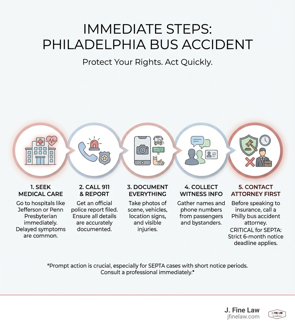 Infographic showing immediate steps after a Philadelphia bus accident: 1. Seek medical care immediately at hospitals like Jefferson or Penn Presbyterian. 2. Call 911 and get an official police report filed. 3. Take photos of the accident scene, all vehicles involved, street signs showing location like Broad Street or Market Street, and your visible injuries. 4. Collect contact information from witnesses and other passengers. 5. Contact a Philadelphia bus accident attorney before speaking to insurance adjusters - especially critical for SEPTA accidents due to the strict 6-month notice deadline. - bus accident attorney philadelphia infographic Infographic showing immediate steps after a Philadelphia bus accident: 1. Seek medical care immediately at hospitals like Jefferson or Penn Presbyterian. 2. Call 911 and get an official police report filed. 3. Take photos of the accident scene, all vehicles involved, street signs showing location like Broad Street or Market Street, and your visible injuries. 4. Collect contact information from witnesses and other passengers. 5. Contact a Philadelphia bus accident attorney before speaking to insurance adjusters - especially critical for SEPTA accidents due to the strict 6-month notice deadline. - bus accident attorney philadelphia infographic