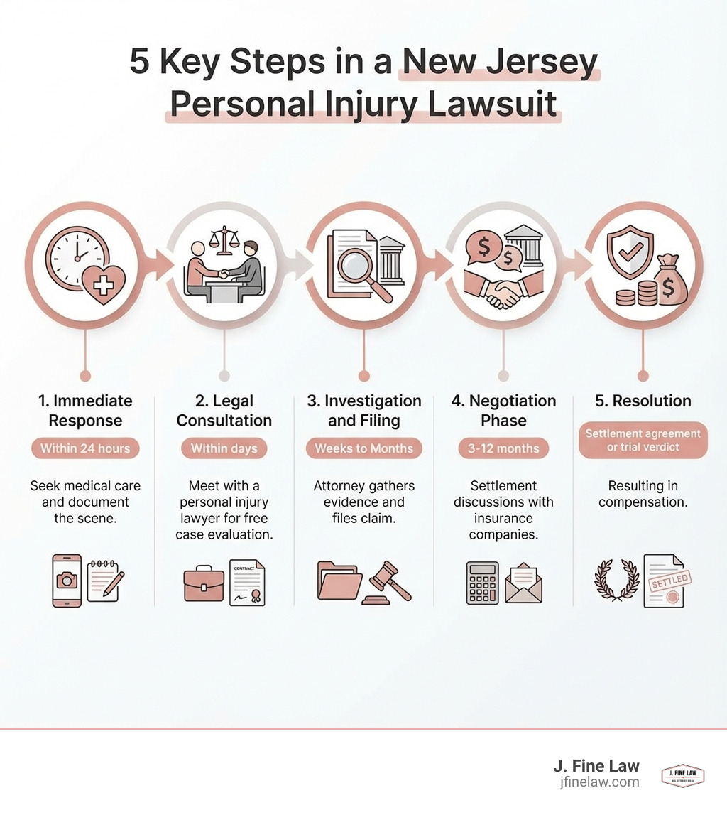 Infographic showing the 5 key steps in a New Jersey personal injury lawsuit: 1. Immediate Response - Seek medical care and document the scene within 24 hours, 2. Legal Consultation - Meet with a personal injury lawyer for free case evaluation within days, 3. Investigation and Filing - Attorney gathers evidence and files claim within weeks to months, 4. Negotiation Phase - Settlement discussions with insurance companies over 3-12 months, 5. Resolution - Settlement agreement or trial verdict resulting in compensation - Legal advice personal injury infographic Infographic showing the 5 key steps in a New Jersey personal injury lawsuit: 1. Immediate Response - Seek medical care and document the scene within 24 hours, 2. Legal Consultation - Meet with a personal injury lawyer for free case evaluation within days, 3. Investigation and Filing - Attorney gathers evidence and files claim within weeks to months, 4. Negotiation Phase - Settlement discussions with insurance companies over 3-12 months, 5. Resolution - Settlement agreement or trial verdict resulting in compensation - Legal advice personal injury infographic