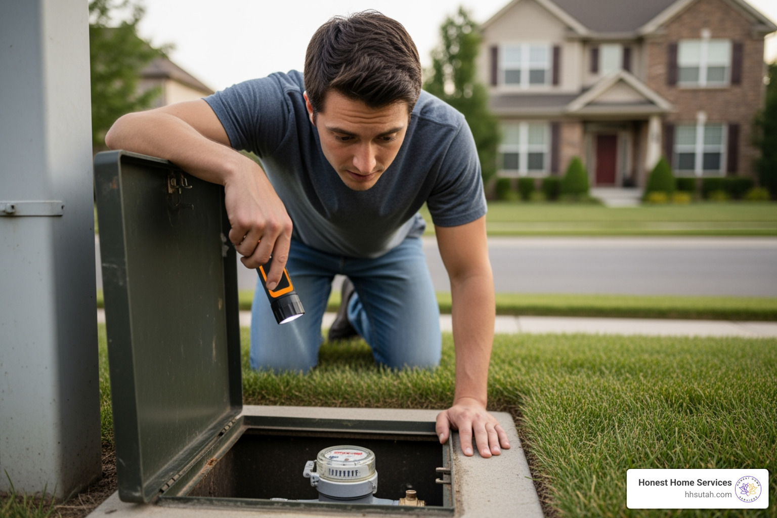 homeowner looking at their water meter - detect a leak homeowner looking at their water meter - detect a leak