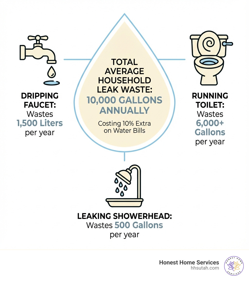 Infographic showing annual water waste from common household leaks: dripping faucet wastes 1,500 liters per year, running toilet wastes 6,000+ gallons per year, leaking showerhead wastes 500 gallons per year, with total average household leak waste of 10,000 gallons annually costing 10% extra on water bills - detect a leak infographic Infographic showing annual water waste from common household leaks: dripping faucet wastes 1,500 liters per year, running toilet wastes 6,000+ gallons per year, leaking showerhead wastes 500 gallons per year, with total average household leak waste of 10,000 gallons annually costing 10% extra on water bills - detect a leak infographic