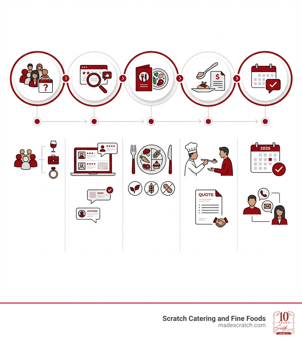 Infographic showing 5 steps to choosing the perfect Dallas caterer: 1. Define your event type and guest count, 2. Research caterers with strong reviews and experience, 3. Review menus and confirm dietary accommodation options, 4. Schedule tastings and get detailed quotes, 5. Book early and maintain clear communication - Dallas party catering infographic Infographic showing 5 steps to choosing the perfect Dallas caterer: 1. Define your event type and guest count, 2. Research caterers with strong reviews and experience, 3. Review menus and confirm dietary accommodation options, 4. Schedule tastings and get detailed quotes, 5. Book early and maintain clear communication - Dallas party catering infographic