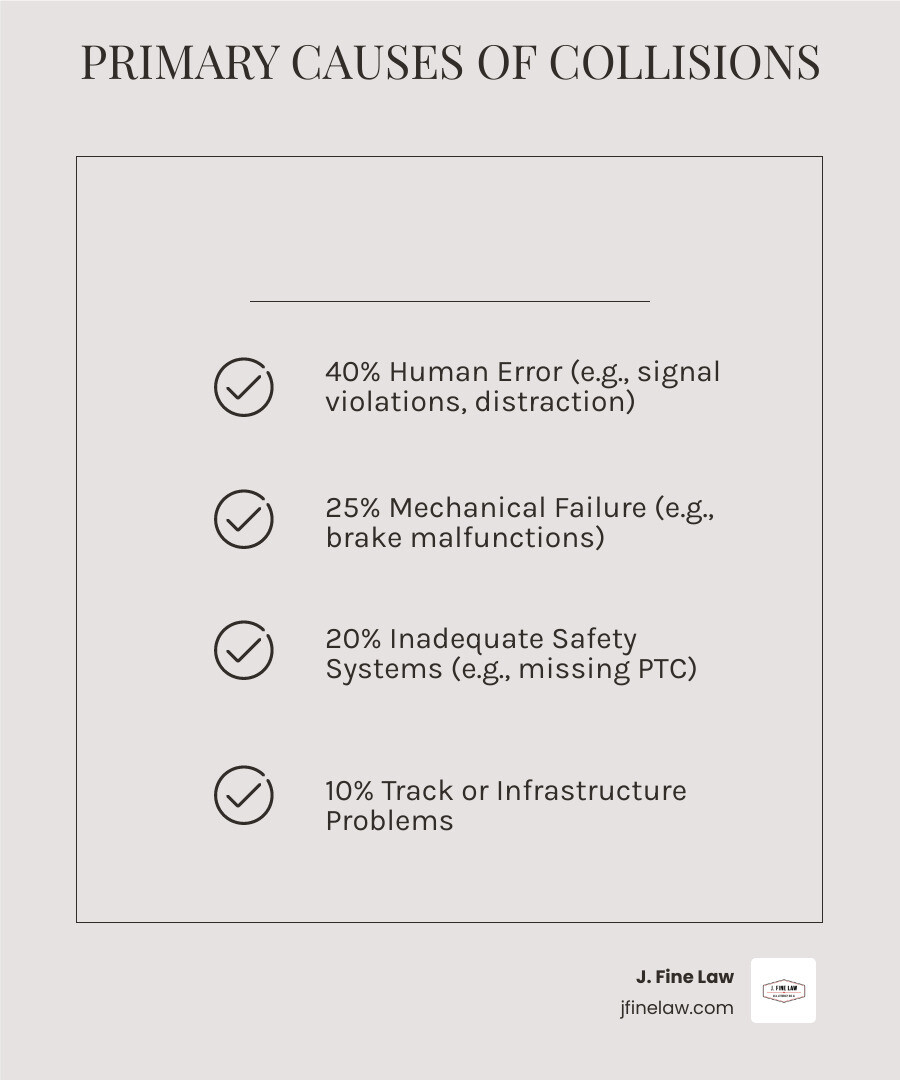 Infographic showing the primary causes of commuter train collisions: 40% human error including signal violations and crew distraction, 25% mechanical or equipment failure, 20% inadequate safety systems like missing Positive Train Control, 10% track or infrastructure problems, and 5% other factors including weather or obstruction - Commuter train crash infographic checklist-light-beige Infographic showing the primary causes of commuter train collisions: 40% human error including signal violations and crew distraction, 25% mechanical or equipment failure, 20% inadequate safety systems like missing Positive Train Control, 10% track or infrastructure problems, and 5% other factors including weather or obstruction - Commuter train crash infographic checklist-light-beige