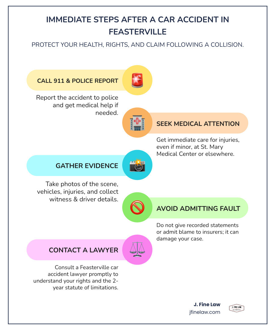 Infographic showing the immediate steps after a car accident in Feasterville PA: 1. Call 911 and report the accident to police, 2. Seek medical attention immediately at St. Mary Medical Center or nearest facility, 3. Take photos of the scene, vehicles, and injuries, 4. Collect witness contact information and driver details, 5. Do not admit fault or give recorded statements to insurance, 6. Contact a Feasterville car accident lawyer within days, 7. Understand you have two years under Pennsylvania statute of limitations to file a lawsuit, 8. Know that Pennsylvania's modified comparative negligence law allows recovery if you're less than 51% at fault - Car Accident Lawyer Feasterville PA infographic infographic-line-5-steps-colors Infographic showing the immediate steps after a car accident in Feasterville PA: 1. Call 911 and report the accident to police, 2. Seek medical attention immediately at St. Mary Medical Center or nearest facility, 3. Take photos of the scene, vehicles, and injuries, 4. Collect witness contact information and driver details, 5. Do not admit fault or give recorded statements to insurance, 6. Contact a Feasterville car accident lawyer within days, 7. Understand you have two years under Pennsylvania statute of limitations to file a lawsuit, 8. Know that Pennsylvania's modified comparative negligence law allows recovery if you're less than 51% at fault - Car Accident Lawyer Feasterville PA infographic infographic-line-5-steps-colors