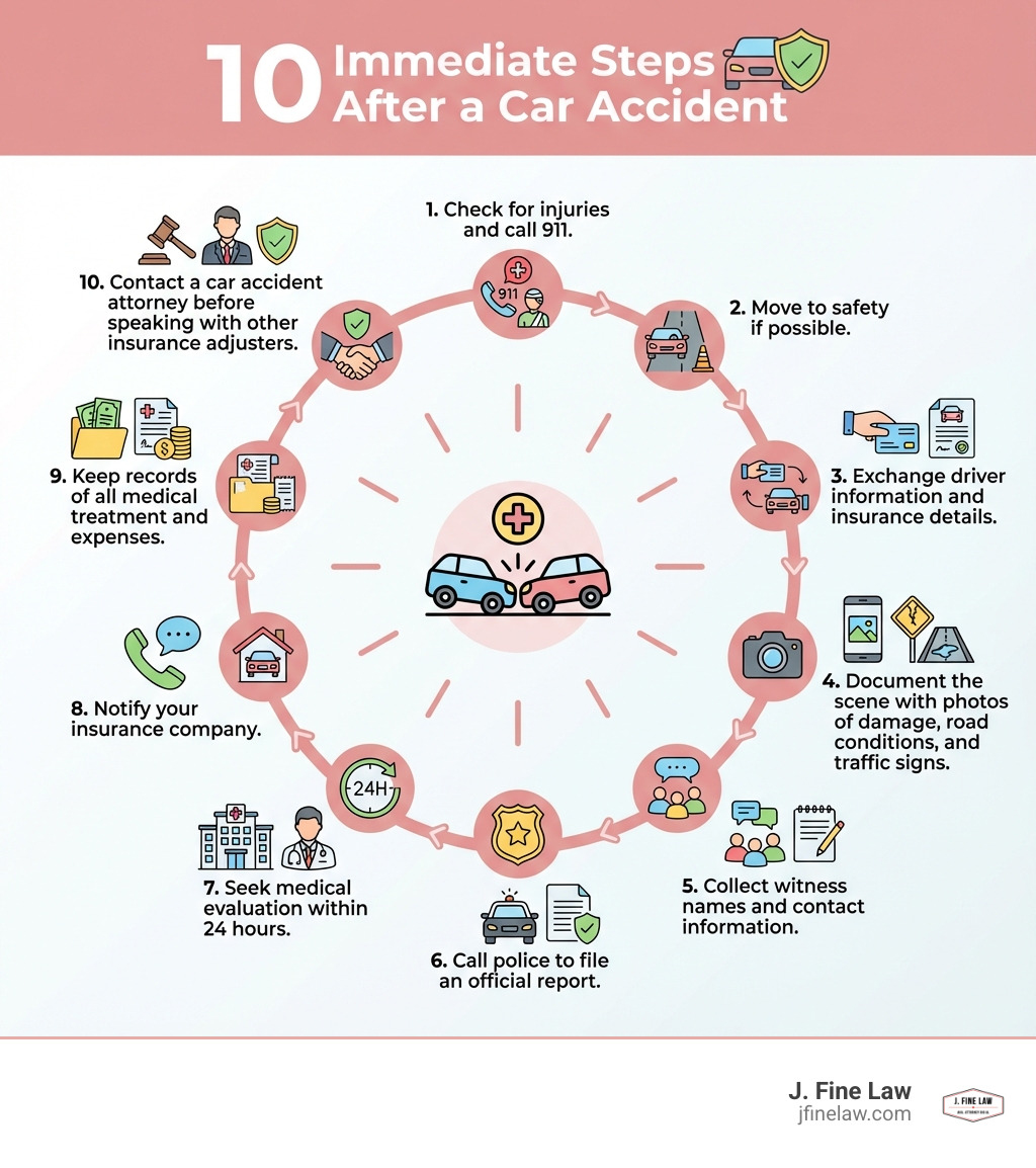 infographic showing 10 immediate steps after a car accident: 1. Check for injuries and call 911, 2. Move to safety if possible, 3. Exchange driver information and insurance details, 4. Document the scene with photos of damage, road conditions, and traffic signs, 5. Collect witness names and contact information, 6. Call police to file an official report, 7. Seek medical evaluation within 24 hours, 8. Notify your insurance company, 9. Keep records of all medical treatment and expenses, 10. Contact a car accident attorney before speaking with other insurance adjusters - Car accident law services infographic infographic showing 10 immediate steps after a car accident: 1. Check for injuries and call 911, 2. Move to safety if possible, 3. Exchange driver information and insurance details, 4. Document the scene with photos of damage, road conditions, and traffic signs, 5. Collect witness names and contact information, 6. Call police to file an official report, 7. Seek medical evaluation within 24 hours, 8. Notify your insurance company, 9. Keep records of all medical treatment and expenses, 10. Contact a car accident attorney before speaking with other insurance adjusters - Car accident law services infographic