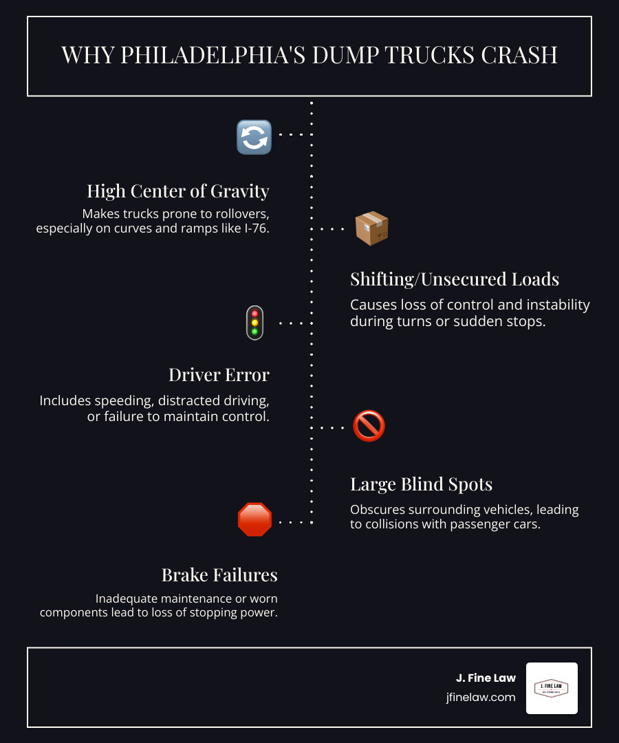 Infographic showing common causes of dump truck accidents in Philadelphia including high center of gravity making trucks prone to rollovers on curves and ramps, unsecured or shifting loads causing loss of control, driver error including speeding and failure to maintain vehicles, blind spots leading to collisions with passenger vehicles, and brake failures on highways like I-76 and the Schuylkill Expressway - Dump truck accident Philadelphia infographic infographic-line-5-steps-dark Infographic showing common causes of dump truck accidents in Philadelphia including high center of gravity making trucks prone to rollovers on curves and ramps, unsecured or shifting loads causing loss of control, driver error including speeding and failure to maintain vehicles, blind spots leading to collisions with passenger vehicles, and brake failures on highways like I-76 and the Schuylkill Expressway - Dump truck accident Philadelphia infographic infographic-line-5-steps-dark