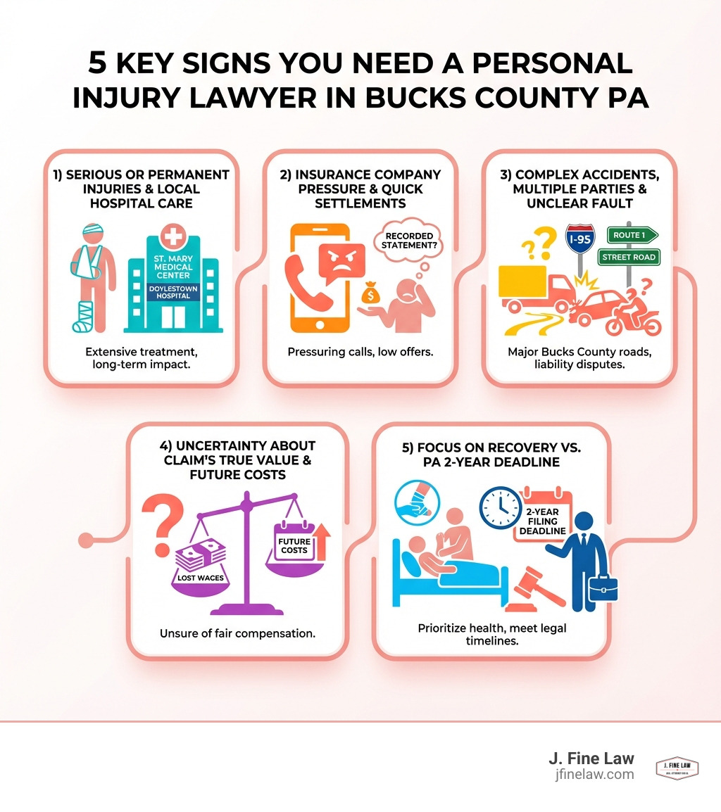 Infographic showing the 5 key signs you need a Personal Injury Lawyer in Bucks County PA: 1) Serious or permanent injuries requiring treatment at local hospitals, 2) Insurance companies pressuring you for statements or offering quick settlements, 3) Complex accidents involving multiple parties or unclear fault on major Bucks County roads, 4) Uncertainty about your claim's true value including future costs, 5) Need to focus on physical recovery while meeting Pennsylvania's two-year filing deadline - Personal Injury Lawyer Bucks County PA infographic Infographic showing the 5 key signs you need a Personal Injury Lawyer in Bucks County PA: 1) Serious or permanent injuries requiring treatment at local hospitals, 2) Insurance companies pressuring you for statements or offering quick settlements, 3) Complex accidents involving multiple parties or unclear fault on major Bucks County roads, 4) Uncertainty about your claim's true value including future costs, 5) Need to focus on physical recovery while meeting Pennsylvania's two-year filing deadline - Personal Injury Lawyer Bucks County PA infographic