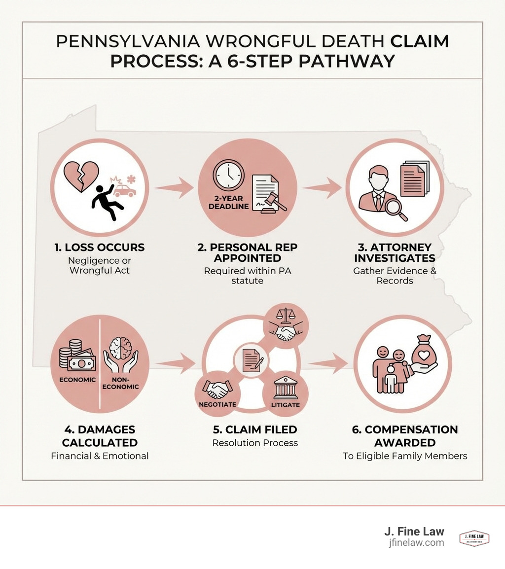 Infographic showing the wrongful death claim process in Pennsylvania: Step 1 - Loss occurs due to negligence; Step 2 - Personal representative appointed within 2-year deadline; Step 3 - Attorney investigates and gathers evidence; Step 4 - Damages calculated (economic and non-economic); Step 5 - Claim filed and negotiated or litigated; Step 6 - Compensation awarded to eligible family members - Wrongful death legal help infographic Infographic showing the wrongful death claim process in Pennsylvania: Step 1 - Loss occurs due to negligence; Step 2 - Personal representative appointed within 2-year deadline; Step 3 - Attorney investigates and gathers evidence; Step 4 - Damages calculated (economic and non-economic); Step 5 - Claim filed and negotiated or litigated; Step 6 - Compensation awarded to eligible family members - Wrongful death legal help infographic
