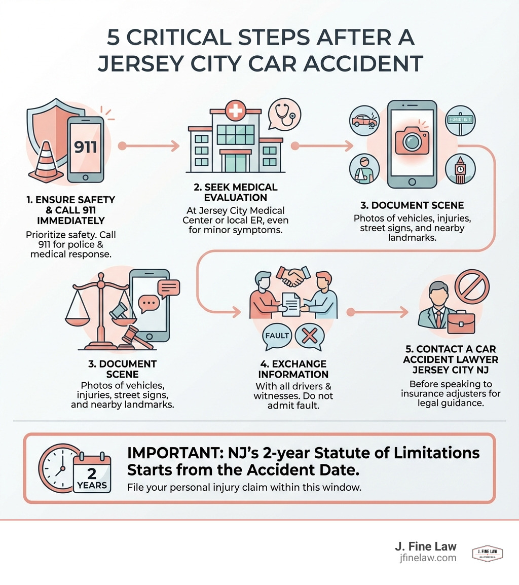 Infographic showing the 5 critical steps after a Jersey City car accident: 1) Ensure safety and call 911 immediately, 2) Seek medical evaluation at Jersey City Medical Center or local ER, 3) Document scene with photos of vehicles, injuries, street signs, and nearby landmarks, 4) Exchange information with all drivers and witnesses without admitting fault, 5) Contact a Car Accident Lawyer Jersey City NJ before speaking to insurance adjusters - includes note that New Jersey's 2-year statute of limitations starts from accident date - Car Accident Lawyer Jersey City NJ infographic Infographic showing the 5 critical steps after a Jersey City car accident: 1) Ensure safety and call 911 immediately, 2) Seek medical evaluation at Jersey City Medical Center or local ER, 3) Document scene with photos of vehicles, injuries, street signs, and nearby landmarks, 4) Exchange information with all drivers and witnesses without admitting fault, 5) Contact a Car Accident Lawyer Jersey City NJ before speaking to insurance adjusters - includes note that New Jersey's 2-year statute of limitations starts from accident date - Car Accident Lawyer Jersey City NJ infographic