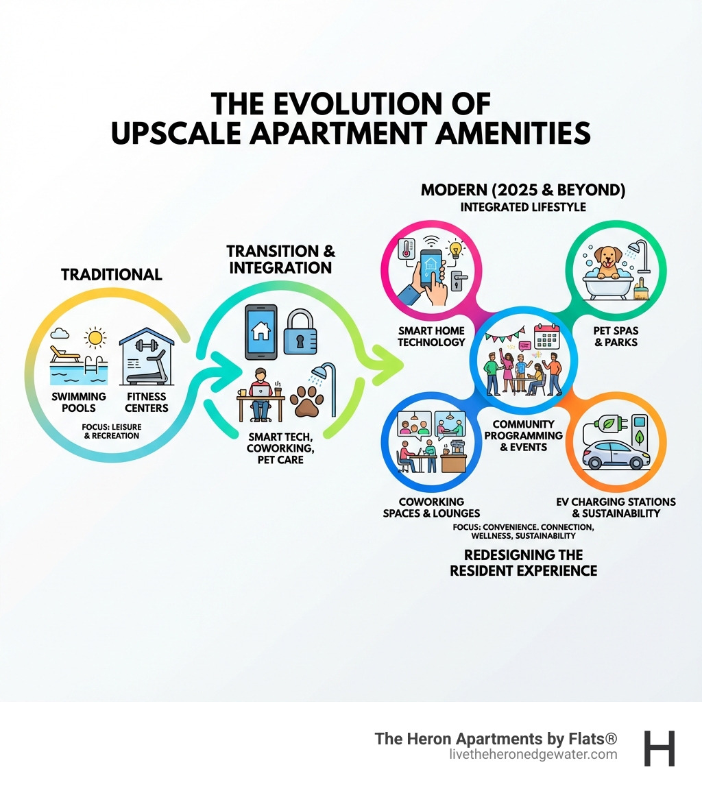 Infographic showing the evolution of upscale apartment amenities from traditional features like swimming pools and fitness centers to modern amenities including smart home technology, coworking spaces, pet spas, EV charging stations, and community programming - upscale apartment amenities infographic 