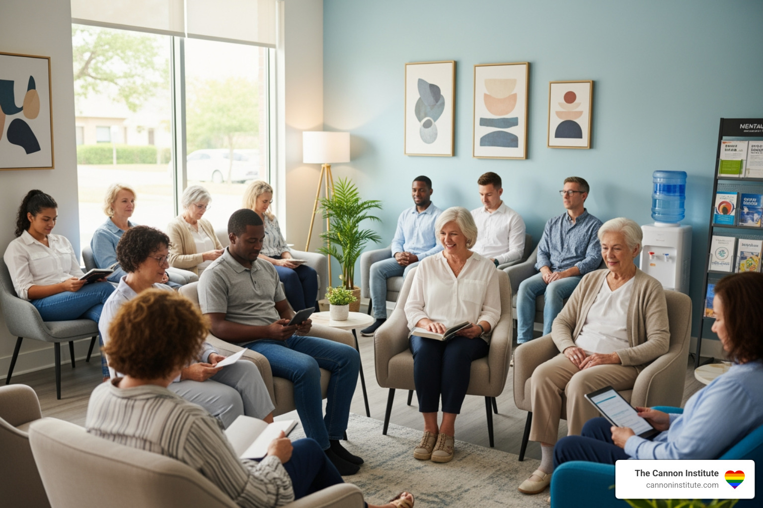 diverse group of people in a therapy waiting room looking hopeful - what does a sex therapist do
