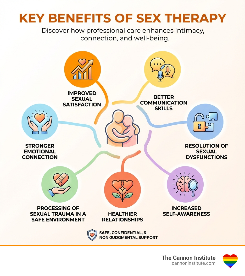 Infographic showing the key benefits of sex therapy: improved sexual satisfaction, stronger emotional connection, better communication skills, resolution of sexual dysfunctions, increased self-awareness, healthier relationships, and processing of sexual trauma in a safe environment - what does a sex therapist do infographic 