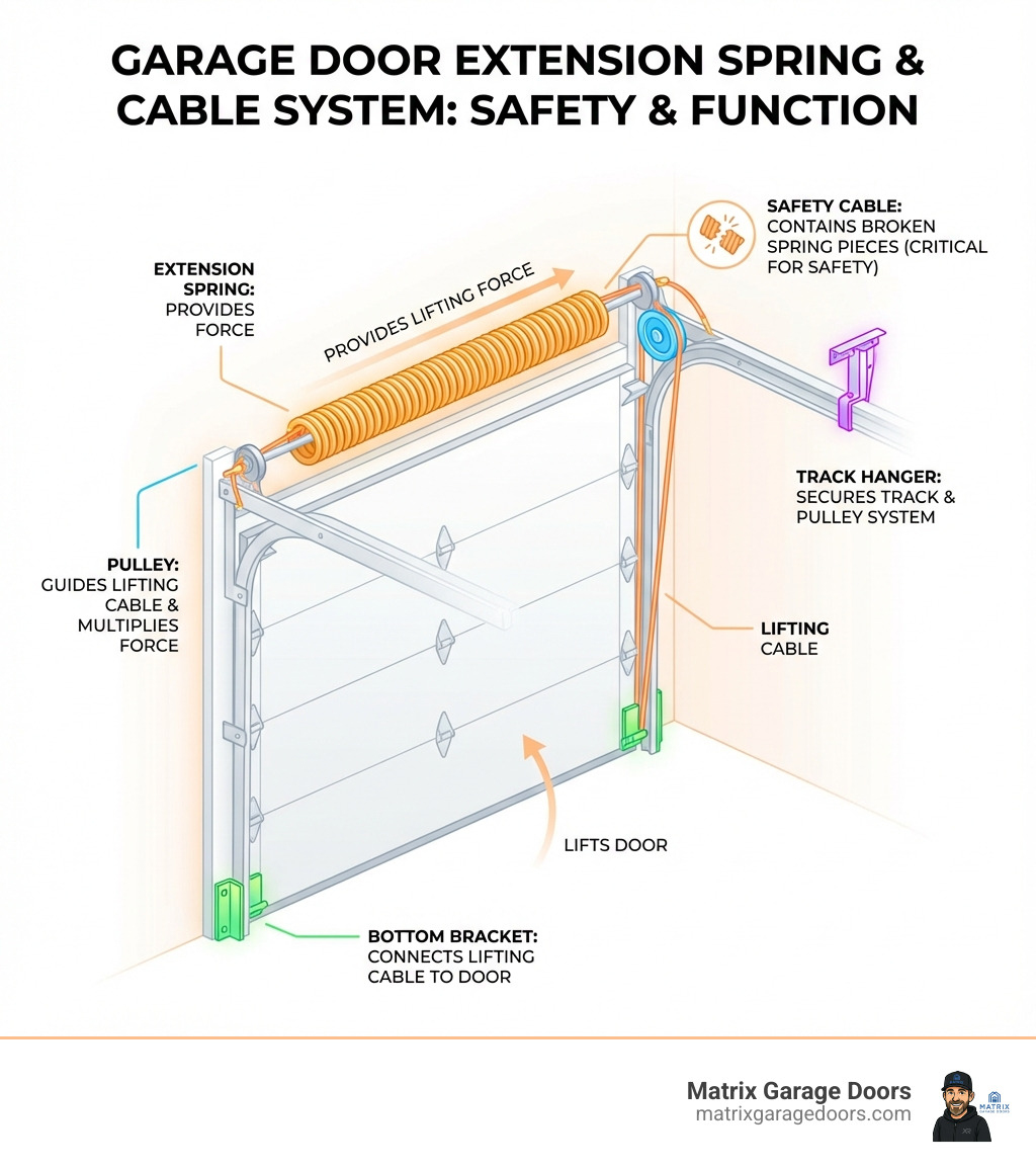 infographic showing garage door cable system components including extension springs, safety cables threading through springs, pulleys, bottom brackets, and track hangers with labels explaining how each part works together to safely lift the door and contain broken spring pieces - spring cable garage door infographic 
