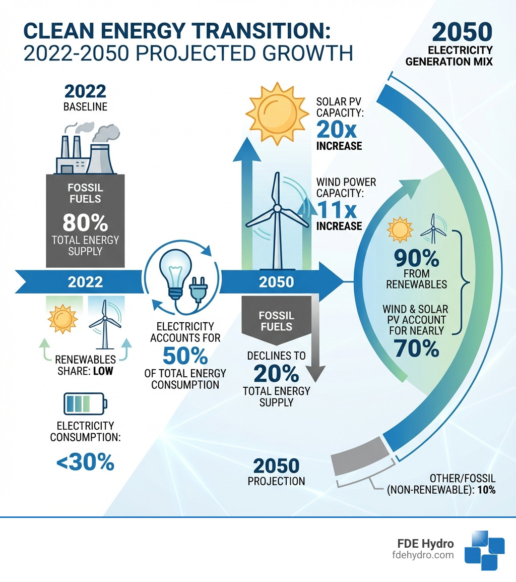 Infographic showing the projected growth of clean energy sources from 2022 to 2050, highlighting that solar PV capacity will increase 20-fold, wind power will increase 11-fold, fossil fuels will decline from 80% to 20% of total energy supply, electricity will account for 50% of total energy consumption, and 90% of electricity generation will come from renewables with wind and solar PV accounting for nearly 70% - clean energy solutions infographic 