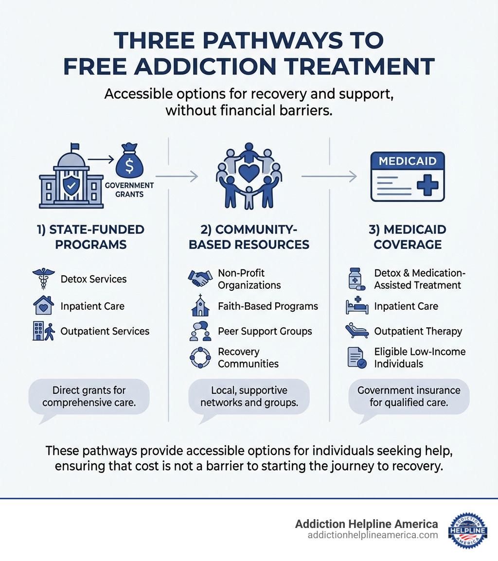 Three main pathways to free addiction treatment: 1) State-Funded Programs - government grants providing detox, inpatient, and outpatient services; 2) Community-Based Resources - non-profit organizations, faith-based programs, peer support groups, and recovery communities; 3) Medicaid Coverage - government insurance covering detox, inpatient care, outpatient therapy, and medication-assisted treatment for eligible low-income individuals - free addiction treatment infographic 