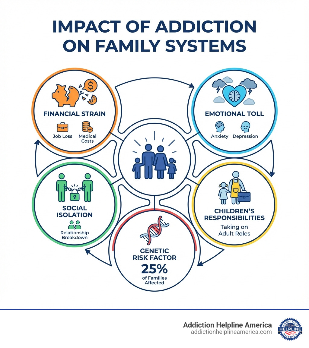 Infographic showing how addiction impacts family systems: financial strain through job loss and medical costs, emotional toll including anxiety and depression in family members, social isolation and relationship breakdown, children taking on adult responsibilities, and the genetic risk factor showing 25 percent of families are affected - Addiction help for families infographic 