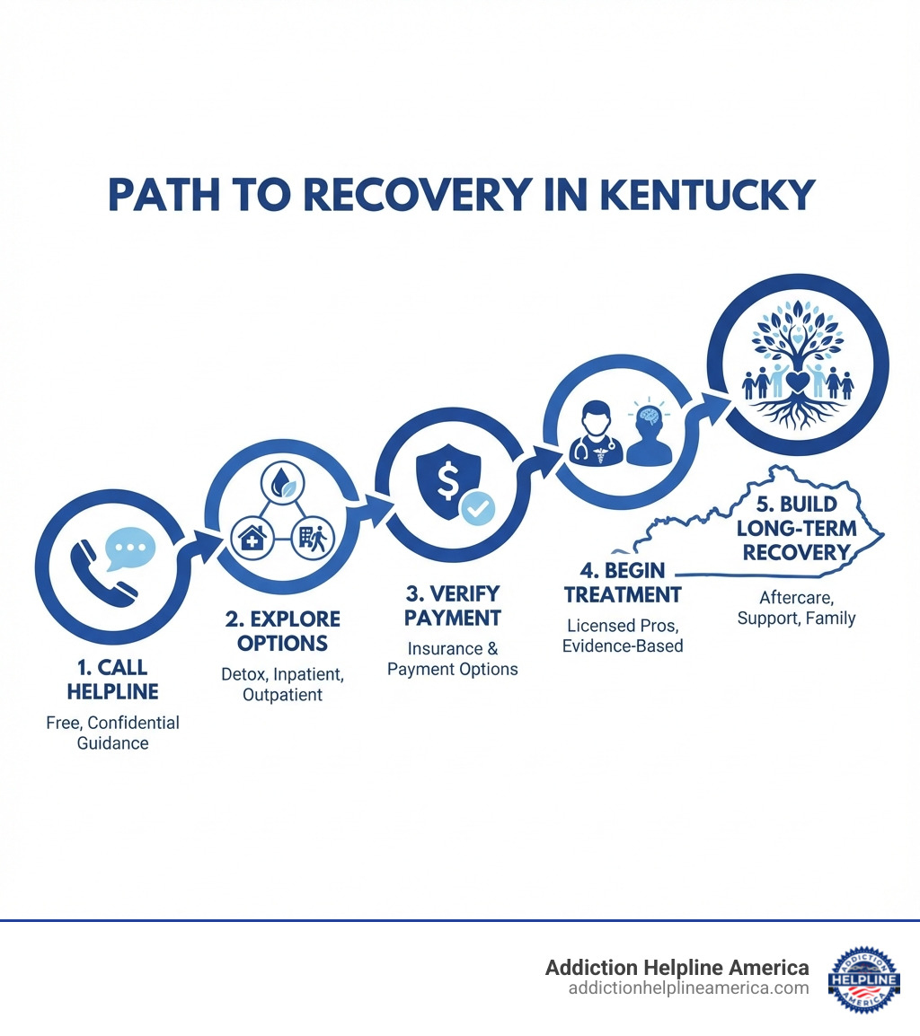 Infographic showing the path to recovery in Kentucky: Step 1 - Call a free helpline for confidential guidance, Step 2 - Explore treatment options including detox, inpatient, and outpatient programs, Step 3 - Verify insurance and payment options, Step 4 - Begin treatment with licensed professionals using evidence-based therapies, Step 5 - Build long-term recovery with aftercare, peer support, and family involvement - Rehab in Kentucky infographic 
