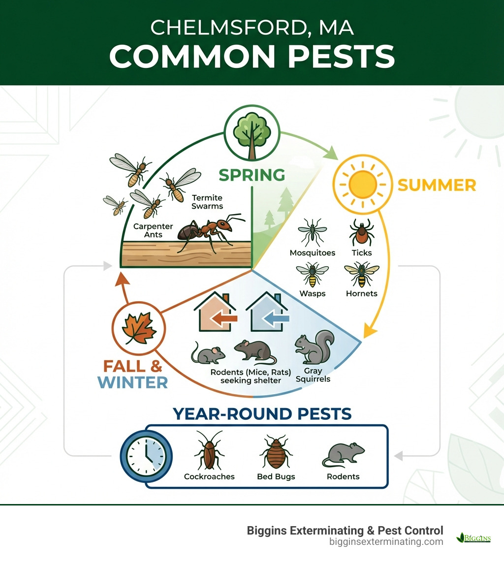Infographic showing the most common pests in Chelmsford MA by season: Spring features termite swarms and carpenter ants; Summer shows mosquitoes, ticks, wasps, and hornets; Fall and Winter highlight rodents like mice and rats seeking indoor shelter, plus gray squirrels; Year-round pests include cockroaches, bed bugs, and various rodent species - Pest Control Chelmsford MA infographic 