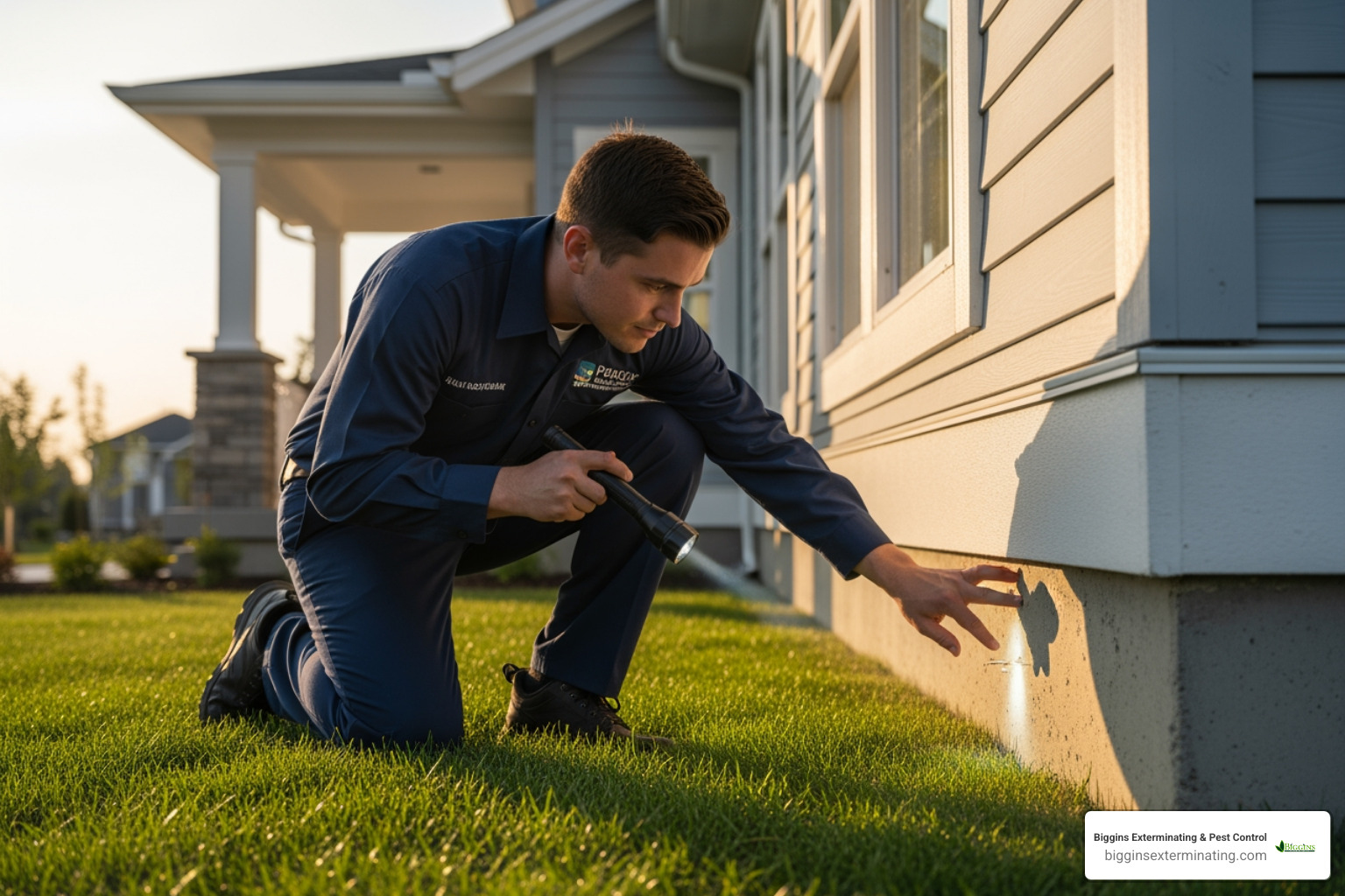 A pest control technician inspecting the exterior foundation of a home with a flashlight - Pest Control Chelmsford MA