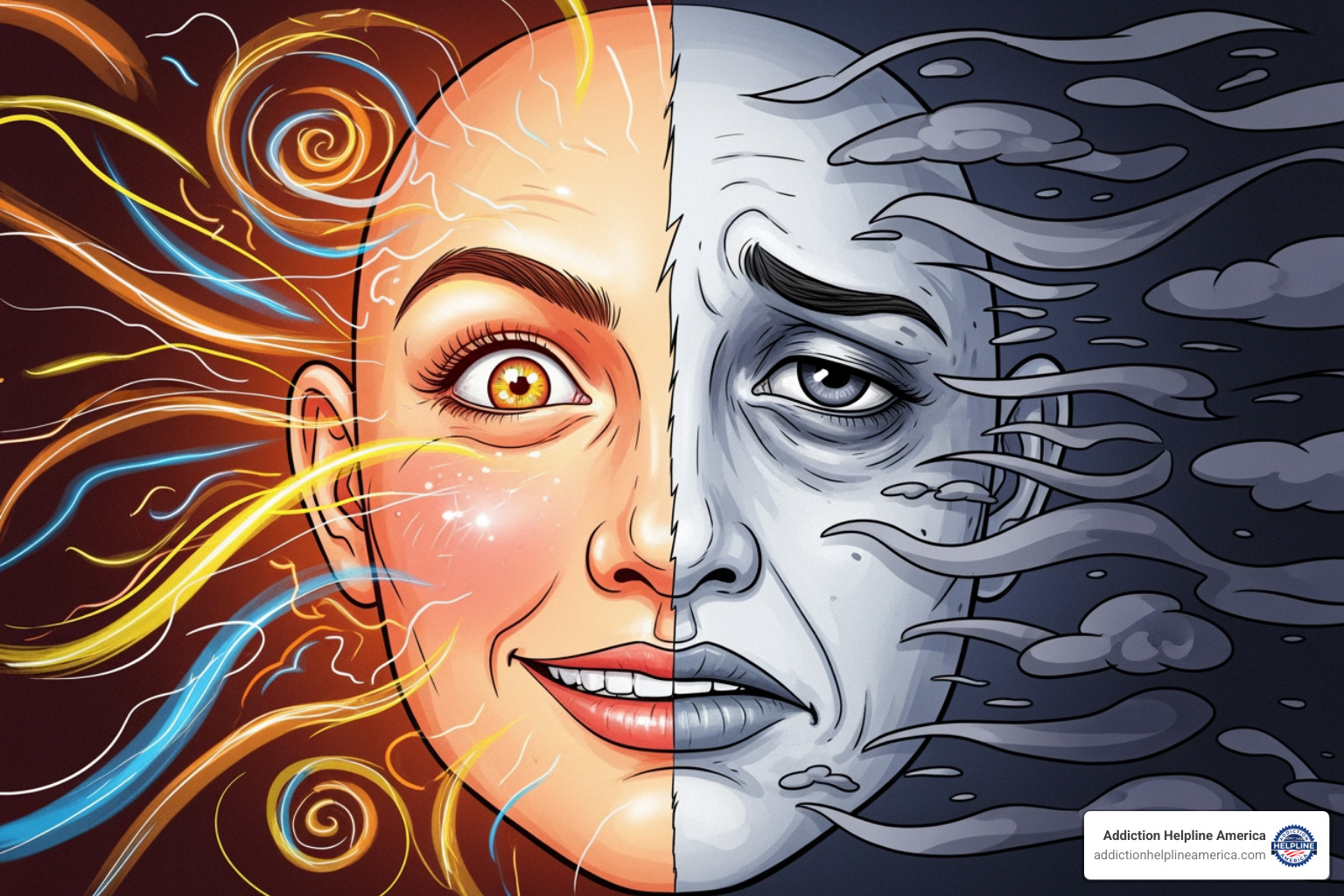 Illustration showing two distinct faces, one representing a manic state with energetic, bright features and racing thoughts, and the other representing a depressive state with subdued, sad features and slow, heavy thoughts - bipolar treatment Los Angeles