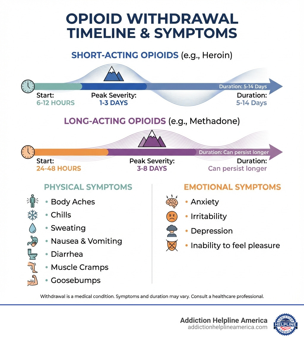 Infographic showing timeline of opioid withdrawal comparing short-acting opioids like heroin with symptoms starting at 6-12 hours and peaking at 1-3 days versus long-acting opioids like methadone with symptoms starting at 24-48 hours and peaking at 3-8 days, including lists of physical symptoms like sweating and nausea and emotional symptoms like anxiety and depression - Signs, Symptoms, and Withdrawal (Consolidated) infographic Infographic showing timeline of opioid withdrawal comparing short-acting opioids like heroin with symptoms starting at 6-12 hours and peaking at 1-3 days versus long-acting opioids like methadone with symptoms starting at 24-48 hours and peaking at 3-8 days, including lists of physical symptoms like sweating and nausea and emotional symptoms like anxiety and depression - Signs, Symptoms, and Withdrawal (Consolidated) infographic