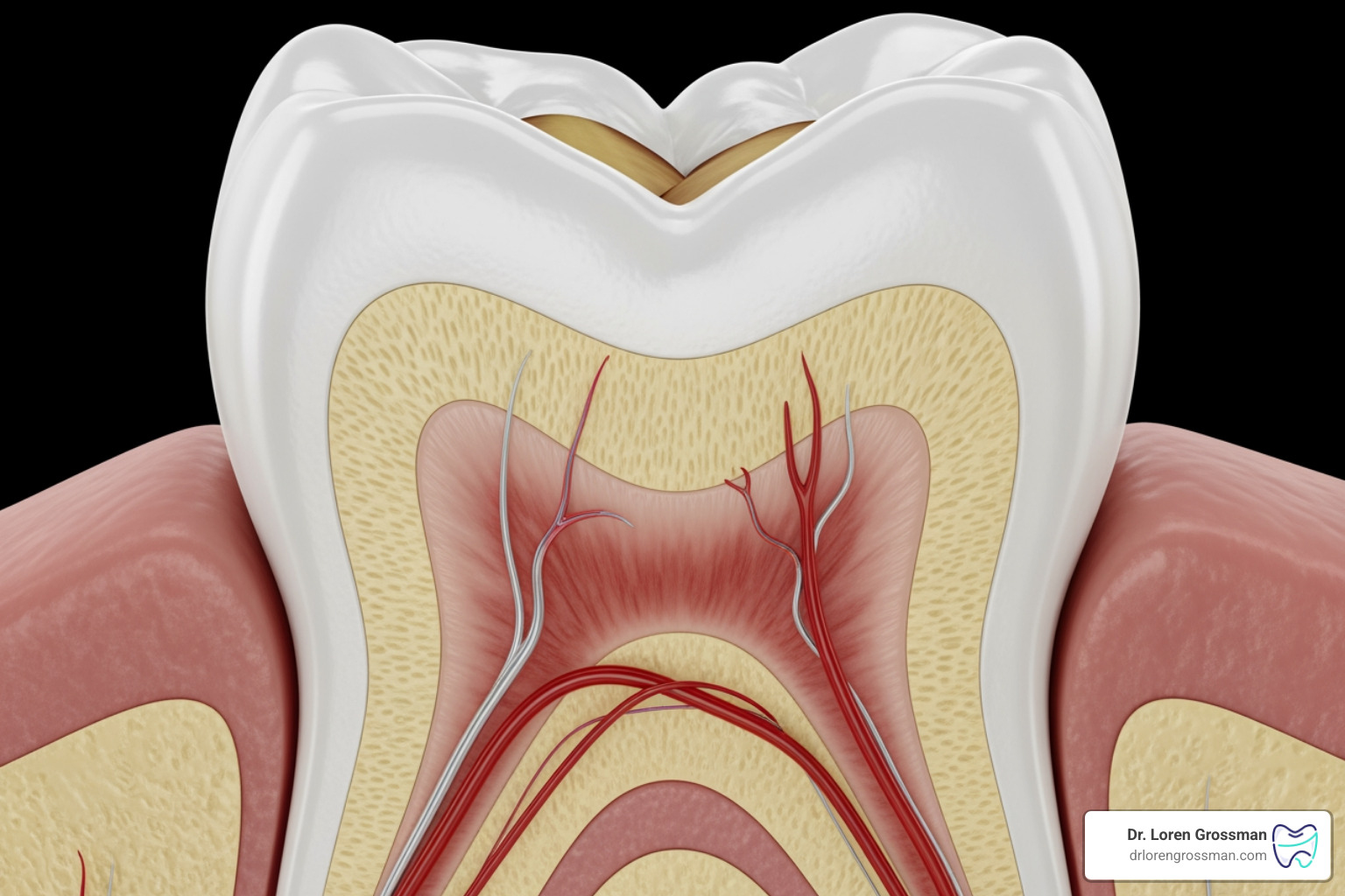 Cross-section of a tooth showing enamel, dentin, and nerves - sensitive teeth Cross-section of a tooth showing enamel, dentin, and nerves - sensitive teeth