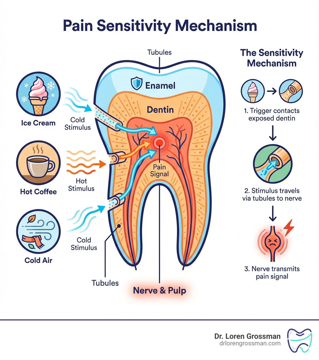 Infographic showing a cross-section of a tooth with labeled enamel, dentin, and nerve, with arrows indicating how hot/cold stimuli travel through exposed dentin tubules to reach the nerve and cause pain. Includes common triggers like ice cream, hot coffee, and cold air, plus a simple breakdown of the sensitivity mechanism. - sensitive teeth infographic Infographic showing a cross-section of a tooth with labeled enamel, dentin, and nerve, with arrows indicating how hot/cold stimuli travel through exposed dentin tubules to reach the nerve and cause pain. Includes common triggers like ice cream, hot coffee, and cold air, plus a simple breakdown of the sensitivity mechanism. - sensitive teeth infographic