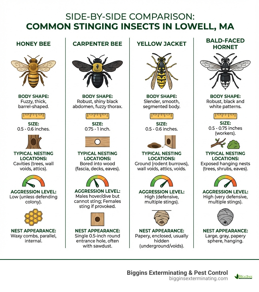 Infographic showing side-by-side comparison of Honey Bees, Carpenter Bees, Yellow Jackets, and Bald-Faced Hornets with labeled physical characteristics including body shape, coloring, size measurements, typical nesting locations, aggression levels, and nest appearance for each species commonly found in Lowell MA - Bee removal Lowell MA infographic 