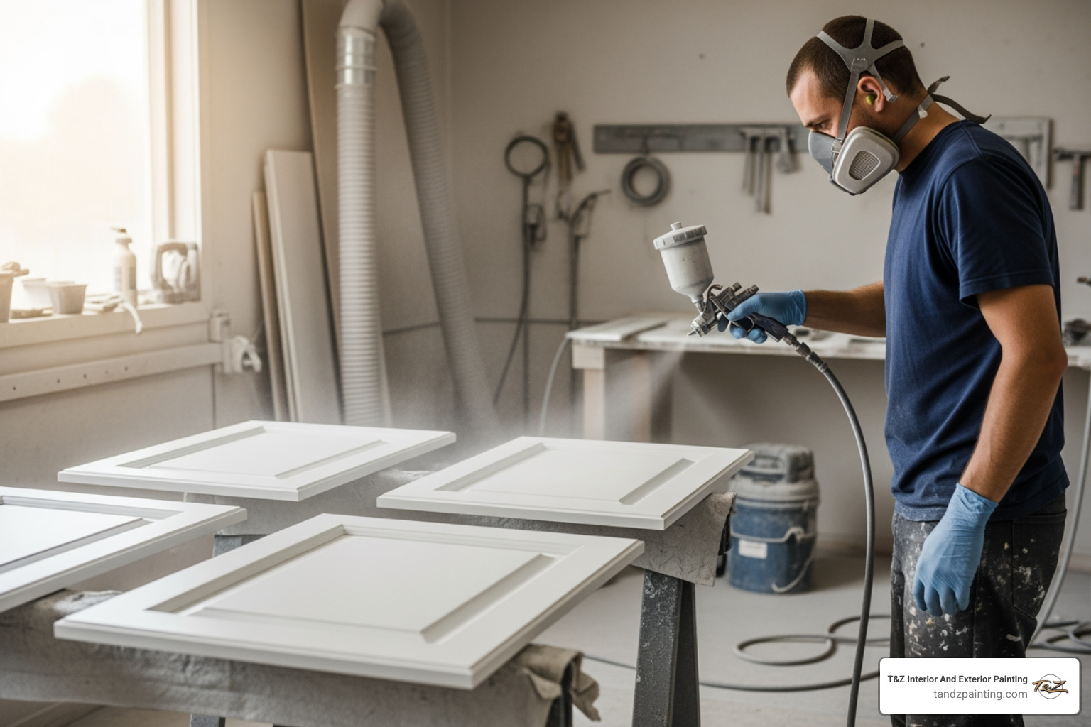 painter professionally painting kitchen cabinets for a smooth, factory-like finish - painting inside house