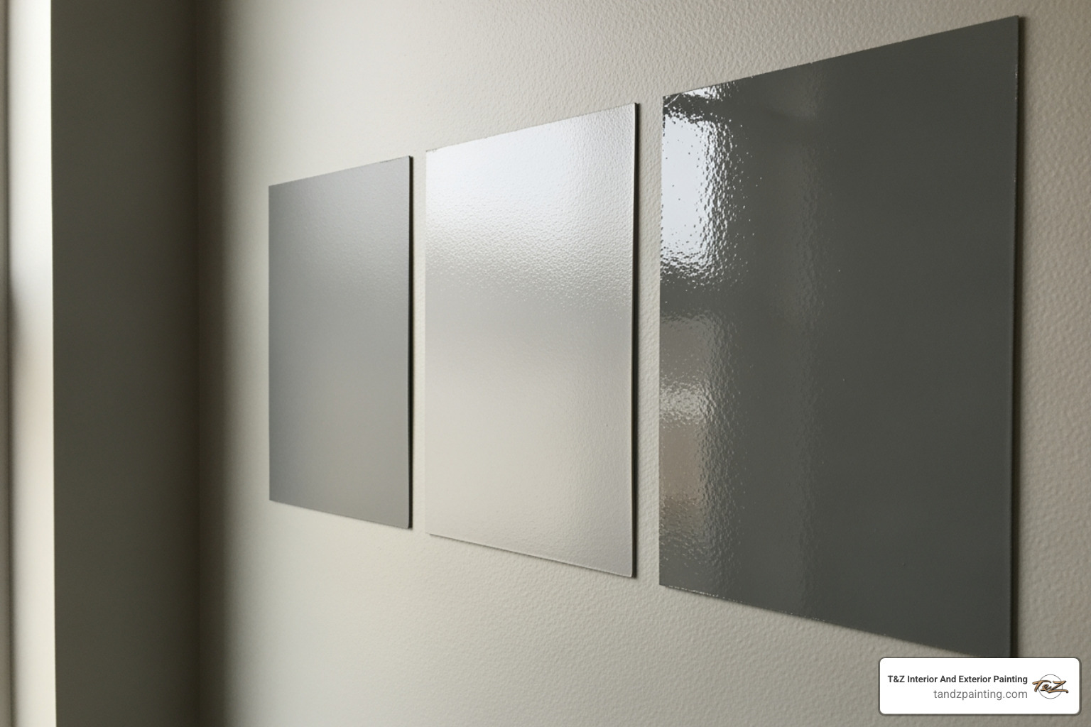 side-by-side comparison of flat, satin, and semi-gloss finishes - painting inside house