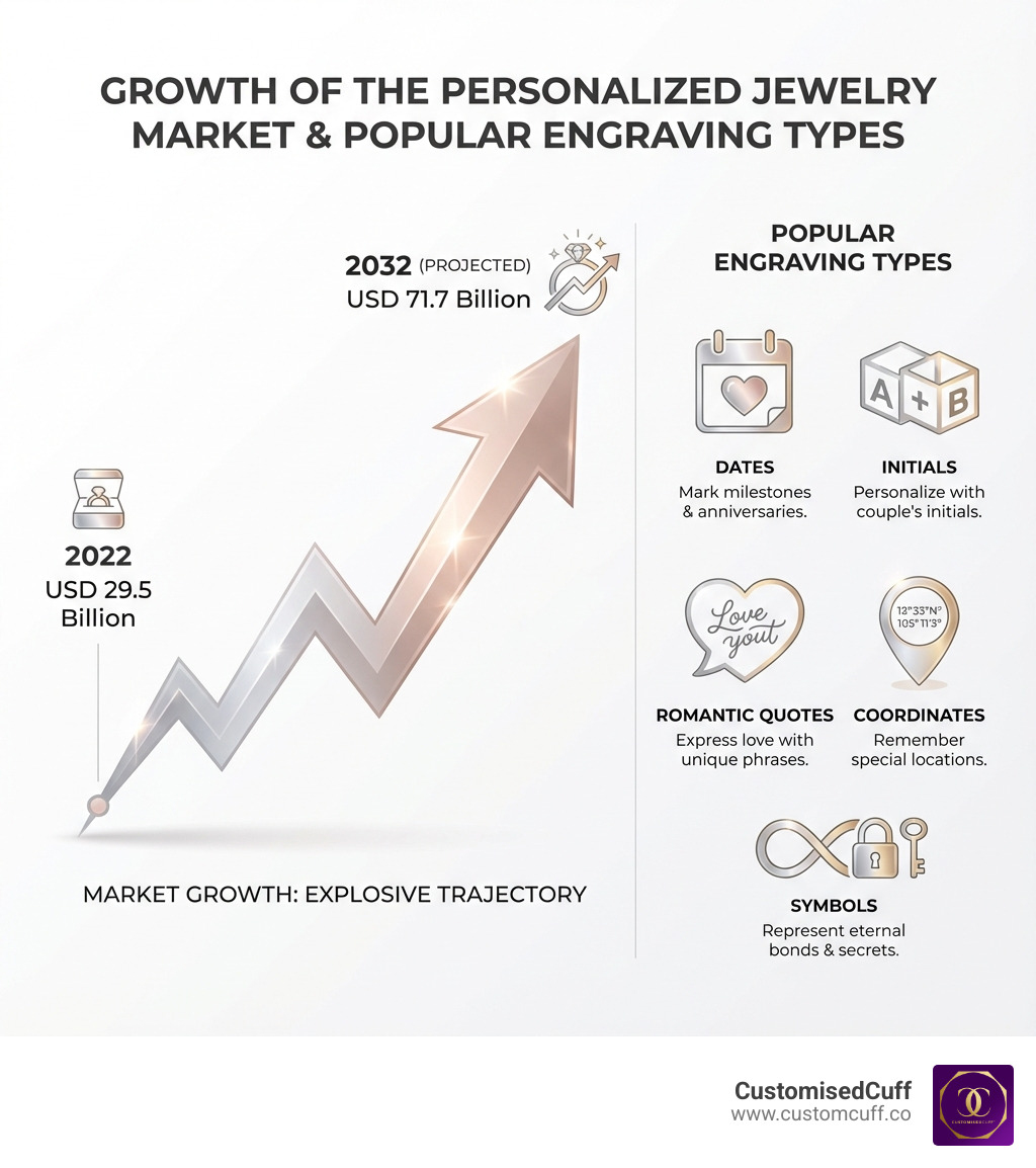 Infographic showing the growth of the personalized jewelry market from USD 29.5 billion in 2022 to projected USD 71.7 billion by 2032, with icons representing popular engraving types: dates (calendar icon), initials (letter blocks), romantic quotes (heart speech bubble), coordinates (map pin), and symbols (infinity sign and lock & key) - couple bracelet engraving ideas infographic Infographic showing the growth of the personalized jewelry market from USD 29.5 billion in 2022 to projected USD 71.7 billion by 2032, with icons representing popular engraving types: dates (calendar icon), initials (letter blocks), romantic quotes (heart speech bubble), coordinates (map pin), and symbols (infinity sign and lock & key) - couple bracelet engraving ideas infographic