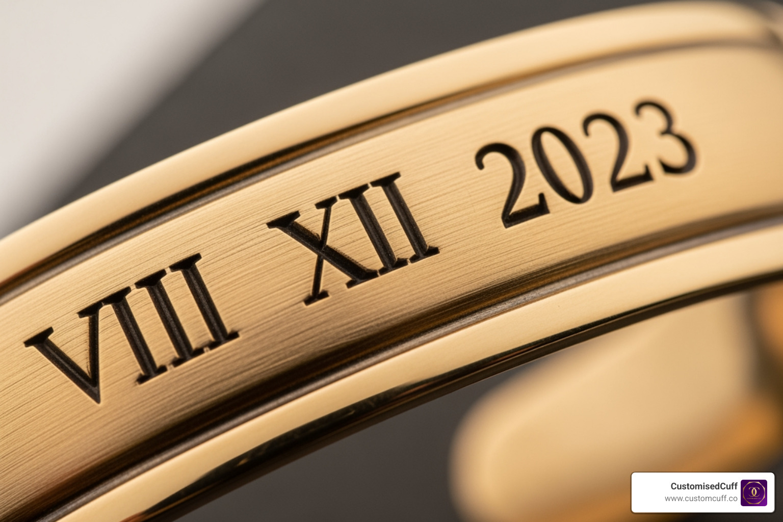 Close-up of a gold cuff bracelet engraved with a date in Roman numerals - couple bracelet engraving ideas Close-up of a gold cuff bracelet engraved with a date in Roman numerals - couple bracelet engraving ideas