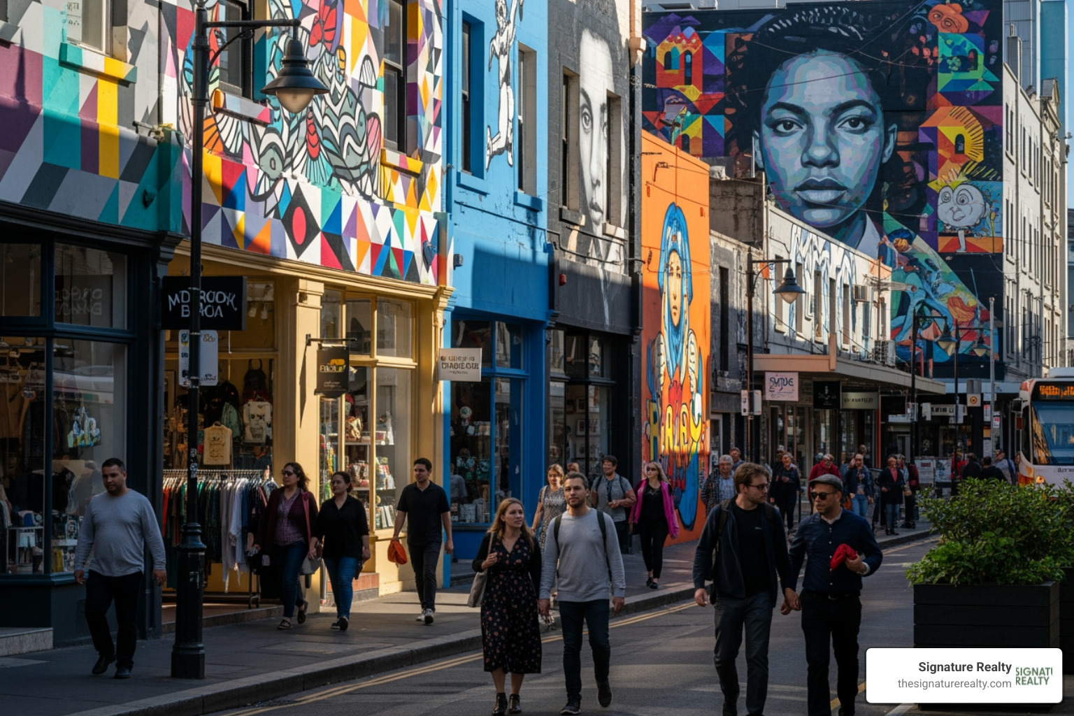 Busy street scene in Wynwood with murals and storefronts - commercial property miami Busy street scene in Wynwood with murals and storefronts - commercial property miami