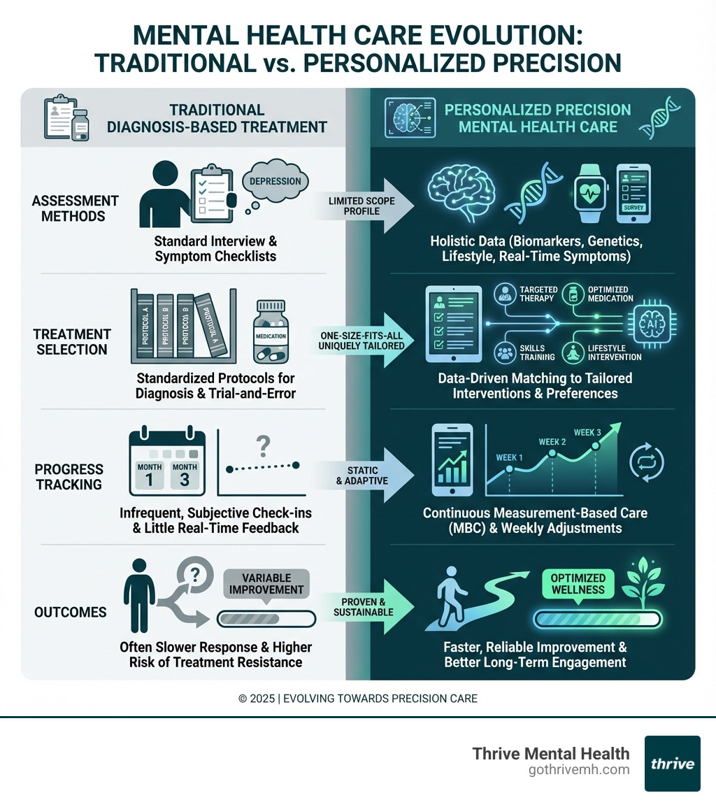 infographic comparing traditional diagnosis-based treatment versus personalized precision mental health care showing key differences in assessment methods, treatment selection, progress tracking, and outcomes - Which mental health treatment approach offers the most personalized care? infographic