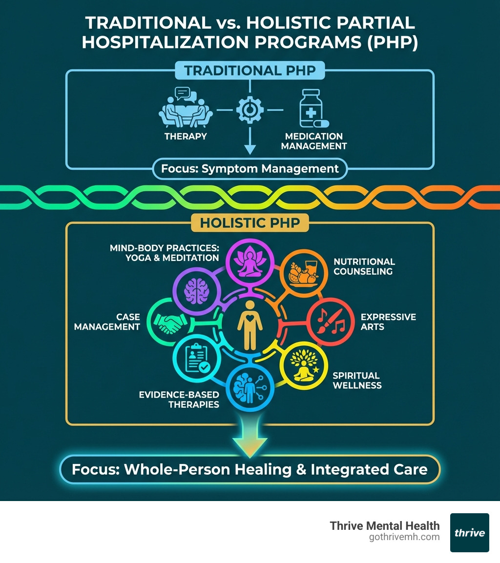Infographic comparing traditional PHP (focuses on therapy and medication management only) versus holistic PHP (integrates evidence-based therapies, mind-body practices like yoga and meditation, nutritional counseling, expressive arts, spiritual wellness, and case management into a unified treatment plan) - Which partial hospitalization programs offer holistic treatment approaches? infographic Infographic comparing traditional PHP (focuses on therapy and medication management only) versus holistic PHP (integrates evidence-based therapies, mind-body practices like yoga and meditation, nutritional counseling, expressive arts, spiritual wellness, and case management into a unified treatment plan) - Which partial hospitalization programs offer holistic treatment approaches? infographic