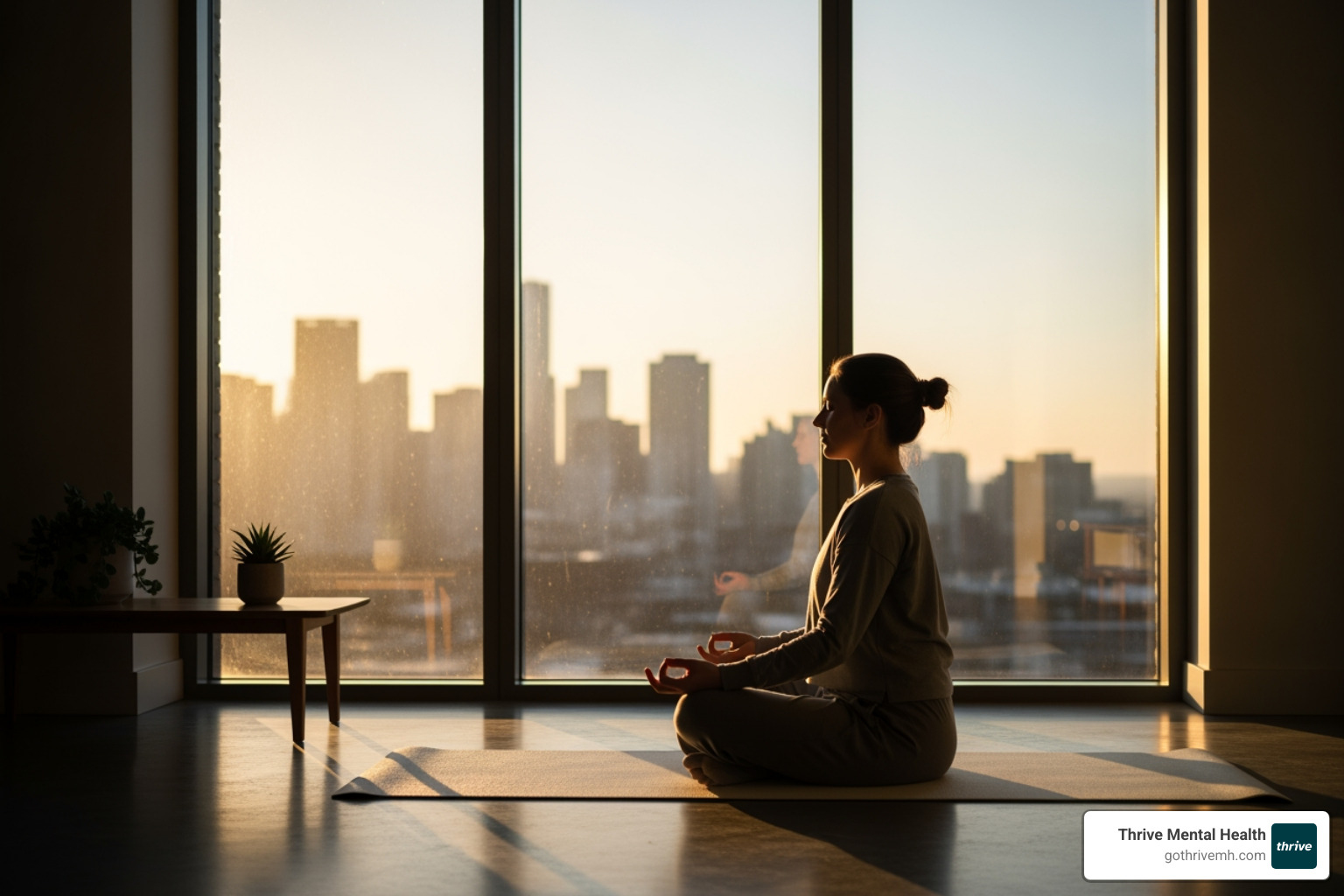 person meditating peacefully by a window at sunrise - What mental health treatment options work best for adults with anxiety disorders?