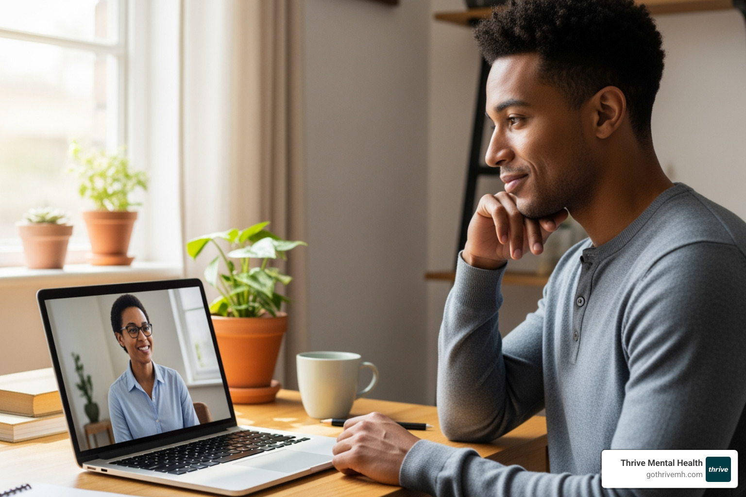 person using laptop for virtual therapy session - What are the best mental health services for technology sector employees?