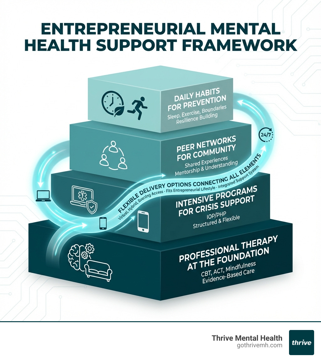 Infographic showing the entrepreneurial mental health support framework: Professional therapy at the foundation, intensive programs for crisis support, peer networks for community, daily habits for prevention, and flexible delivery options connecting all elements - What mental health support works best for entrepreneurs managing high-stress environments? infographic 