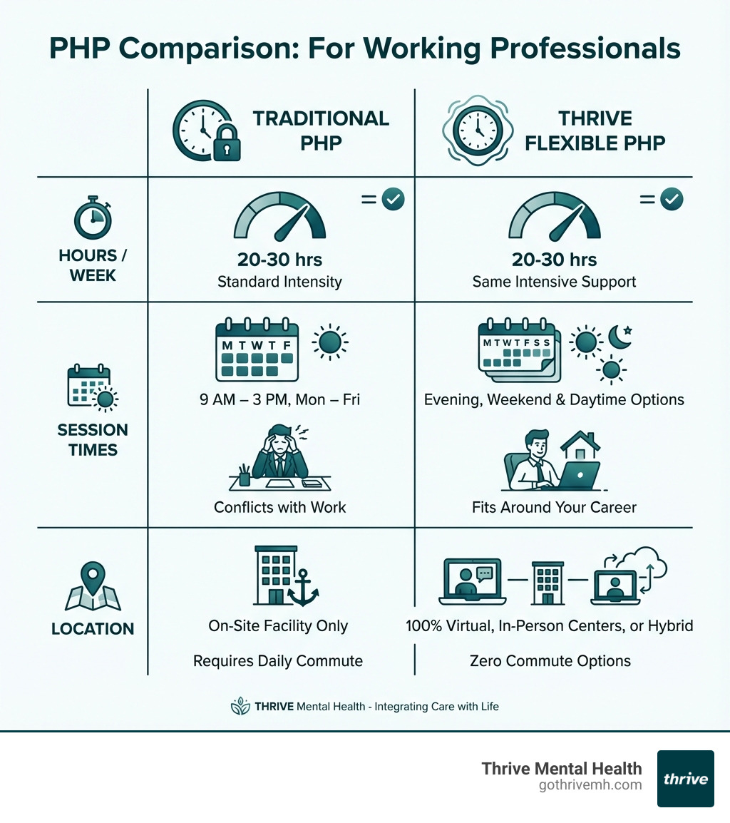Table comparing Traditional PHP vs. Thrive Flexible PHP for working professionals - Which partial hospitalization programs offer flexible scheduling for full-time employees? infographic 