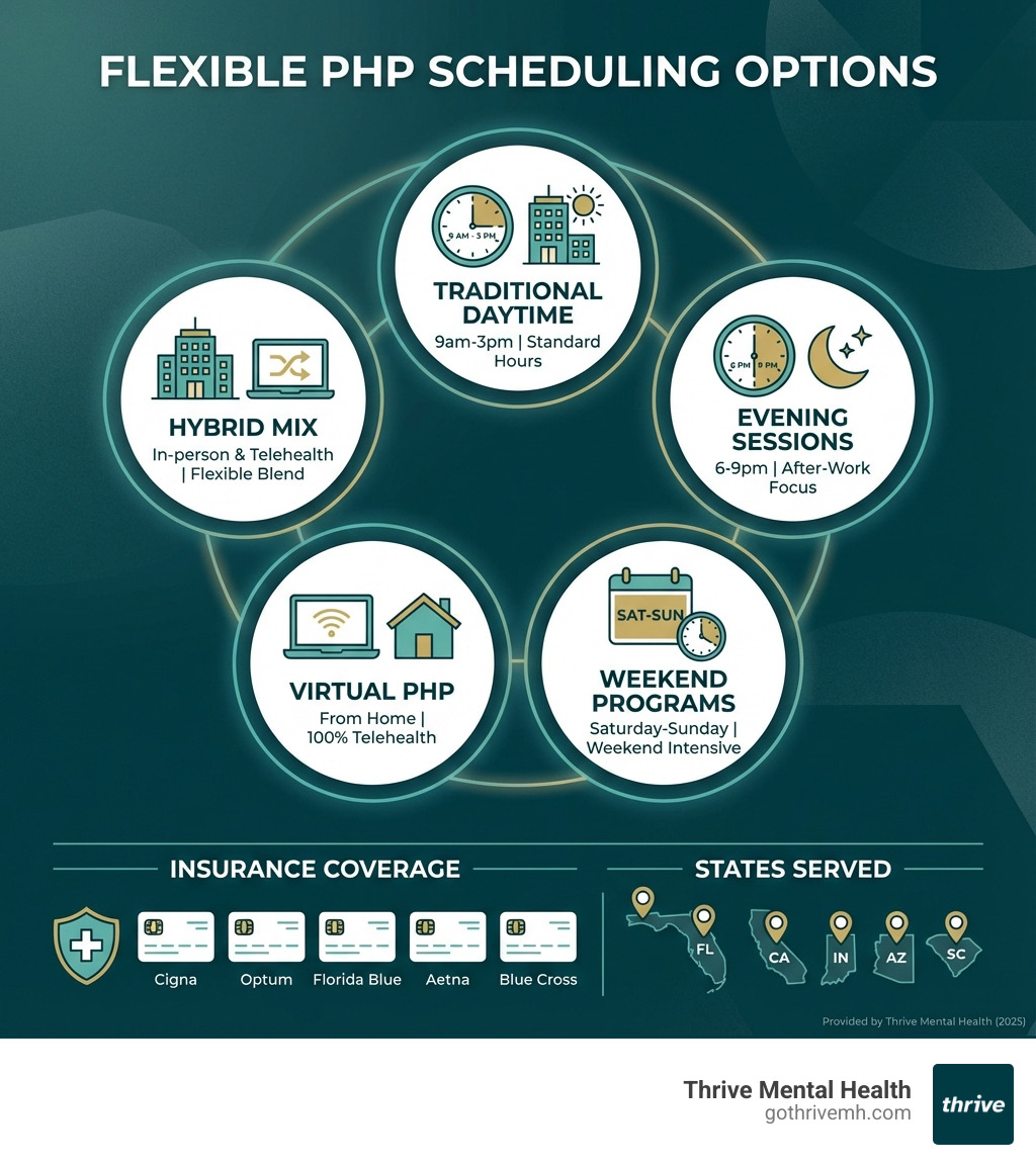 Infographic showing flexible PHP scheduling options: evening sessions 6-9pm, weekend programs Saturday-Sunday, virtual PHP from home, hybrid in-person/telehealth mix, and traditional daytime PHP 9am-3pm. Includes insurance coverage icons for major providers and states served: FL, CA, IN, AZ, SC - Which partial hospitalization programs offer flexible scheduling for full-time employees? infographic 